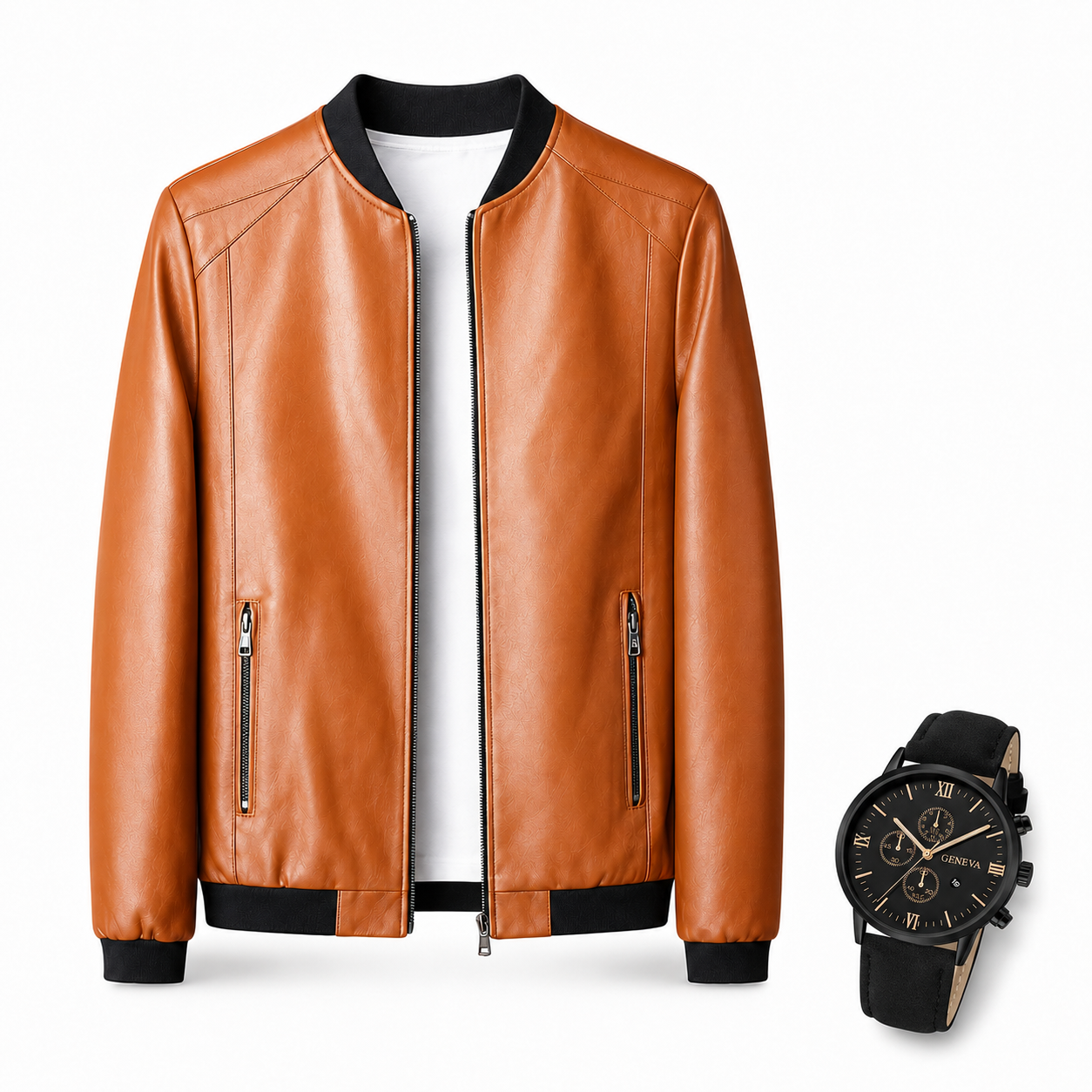 Chaqueta de Cuero + Reloj italiano